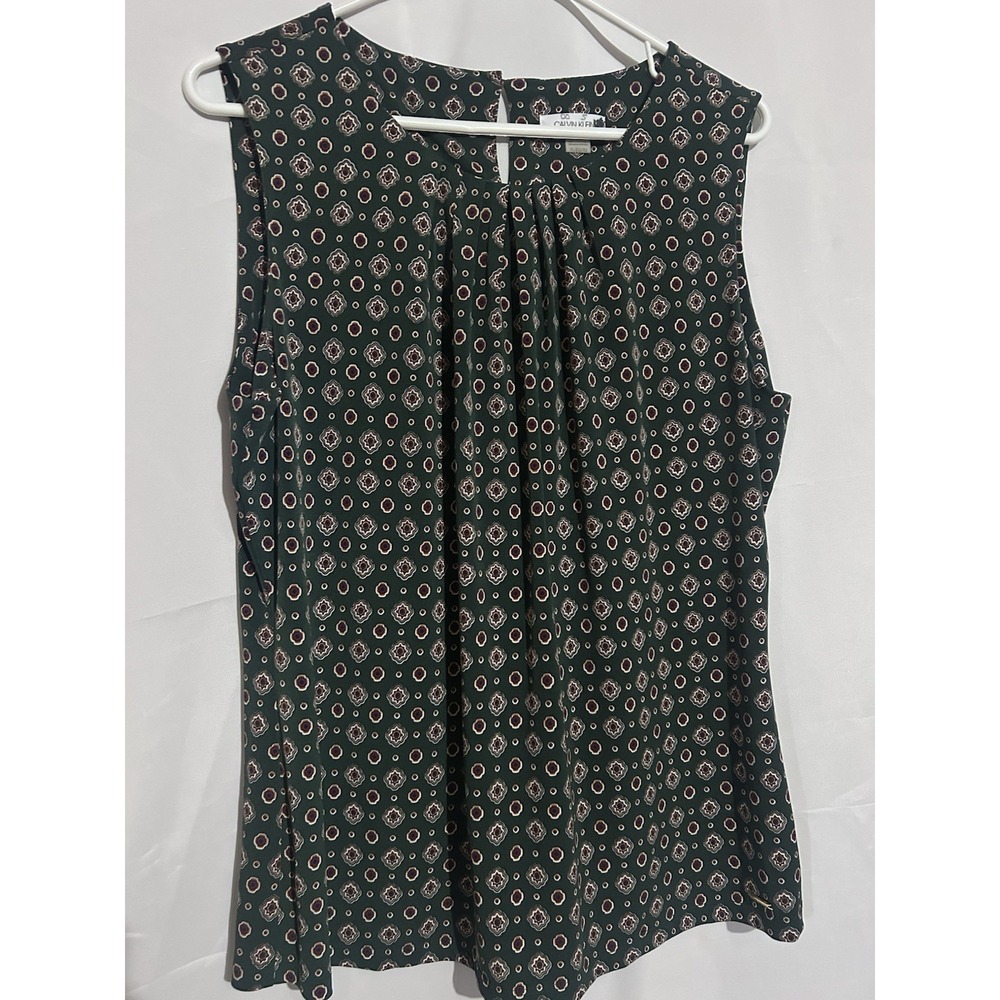 Calvin Klein Women's XL Green Geometric Chiffon Pleated Sleeveless Blouse